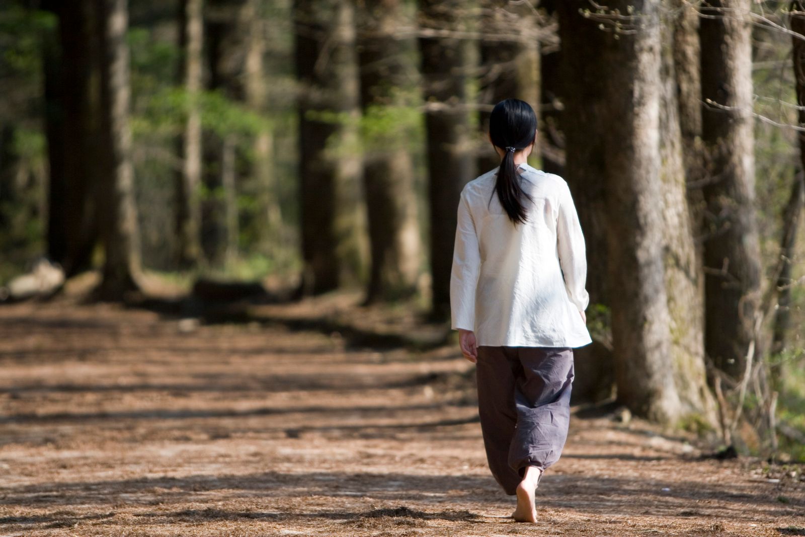 Personne qui marche lentement sur un chemin en forêt